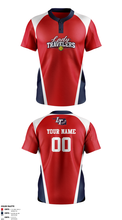 Two Button Softball Jersey, Lady Travelers, Softball, Teamtime, Team time, sublimation, custom sports apparel, team uniforms, spirit wear, spiritwear, sports uniforms, custom shirts, team store, custom team store, fundraiser sports, apparel fundraiser