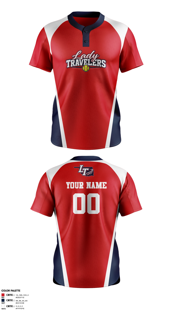Two Button Softball Jersey, Lady Travelers, Softball, Teamtime, Team time, sublimation, custom sports apparel, team uniforms, spirit wear, spiritwear, sports uniforms, custom shirts, team store, custom team store, fundraiser sports, apparel fundraiser