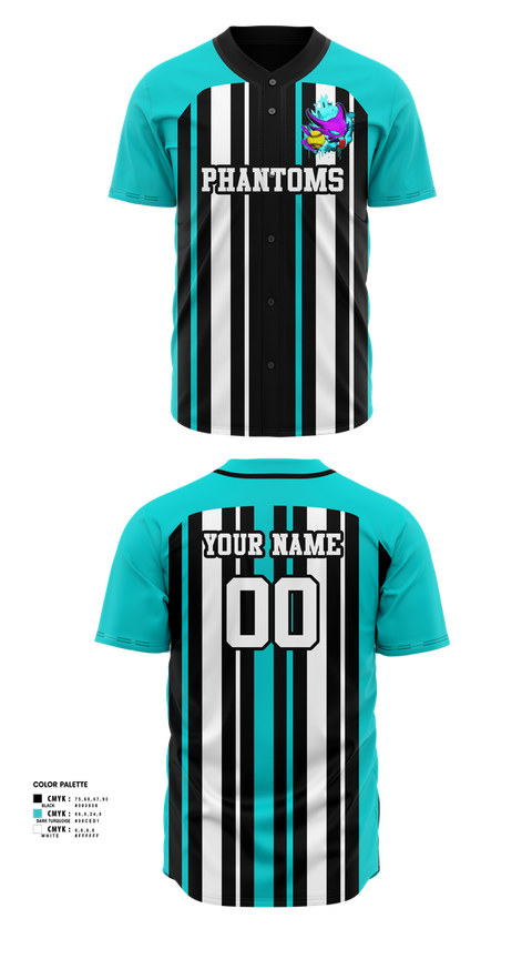 Full Button Baseball Jersey, Phantoms, Baseball, Teamtime, Team time, sublimation, custom sports apparel, team uniforms, spirit wear, spiritwear, sports uniforms, custom shirts, team store, custom team store, fundraiser sports, apparel fundraiser