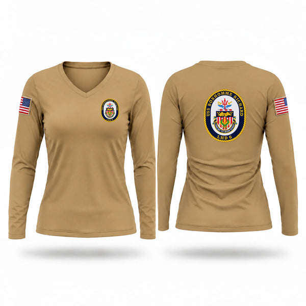 Womens Long Sleeve Vneck Shirt, USS BONHOMME RICHARD LHD-6, Navy, Teamtime, Team time, sublimation, custom sports apparel, team uniforms, spirit wear, spiritwear, sports uniforms, custom shirts, team store, custom team store, fundraiser sports, apparel fundraiser
