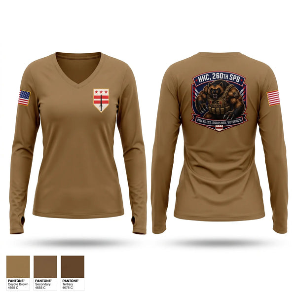 Womens Long Sleeve Vneck Shirt, HHC, 260th SPB, Army, Teamtime, Team time, sublimation, custom sports apparel, team uniforms, spirit wear, spiritwear, sports uniforms, custom shirts, team store, custom team store, fundraiser sports, apparel fundraiser