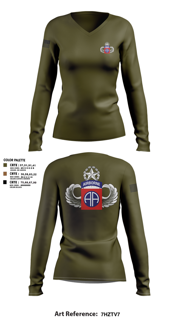 Womens Long Sleeve Vneck Shirt, HHC 82nd ABN Division, , Teamtime, Team time, sublimation, custom sports apparel, team uniforms, spirit wear, spiritwear, sports uniforms, custom shirts, team store, custom team store, fundraiser sports, apparel fundraiser
