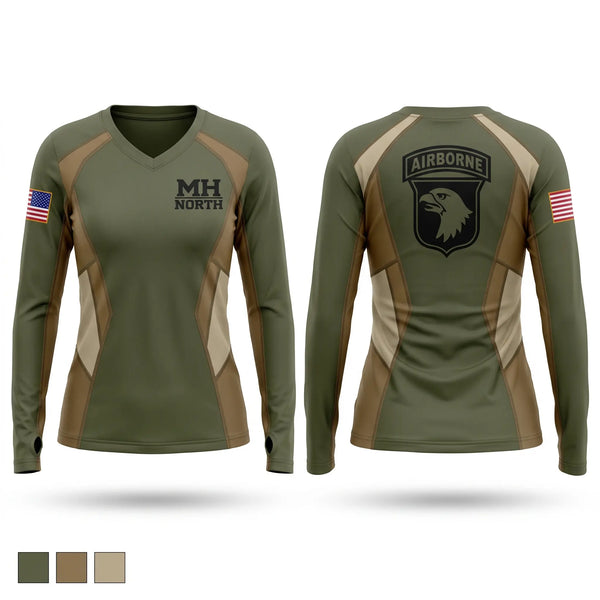 Womens Long Sleeve Vneck Shirt, MH North, Army, Teamtime, Team time, sublimation, custom sports apparel, team uniforms, spirit wear, spiritwear, sports uniforms, custom shirts, team store, custom team store, fundraiser sports, apparel fundraiser