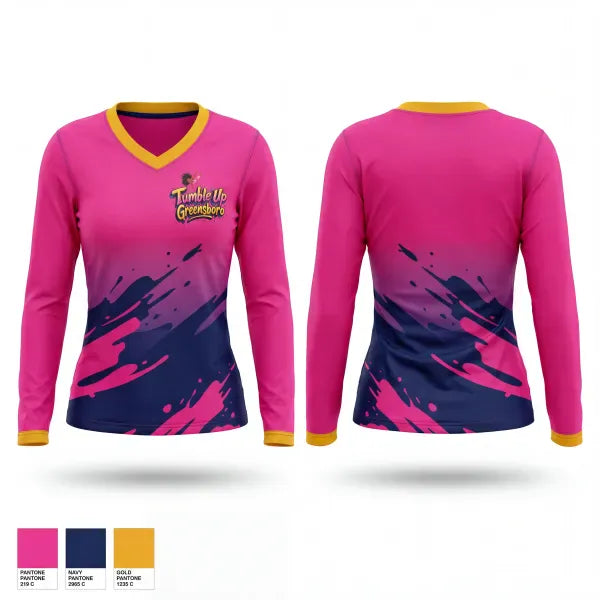 Womens Long Sleeve Vneck Shirt, Tumble Up Greensboro, Cheer, Teamtime, Team time, sublimation, custom sports apparel, team uniforms, spirit wear, spiritwear, sports uniforms, custom shirts, team store, custom team store, fundraiser sports, apparel fundraiser