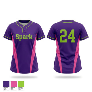 Two Button Softball Jersey, Spark, Softball, Teamtime, Team time, sublimation, custom sports apparel, team uniforms, spirit wear, spiritwear, sports uniforms, custom shirts, team store, custom team store, fundraiser sports, apparel fundraiser