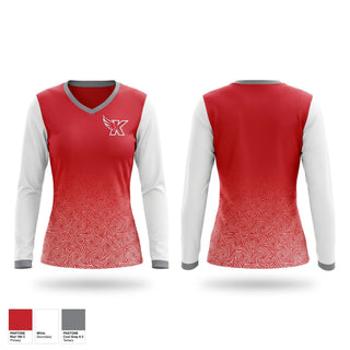 Womens Long Sleeve Vneck Shirt, Kaua’i Red Raiders, Cheer, Teamtime, Team time, sublimation, custom sports apparel, team uniforms, spirit wear, spiritwear, sports uniforms, custom shirts, team store, custom team store, fundraiser sports, apparel fundraiser