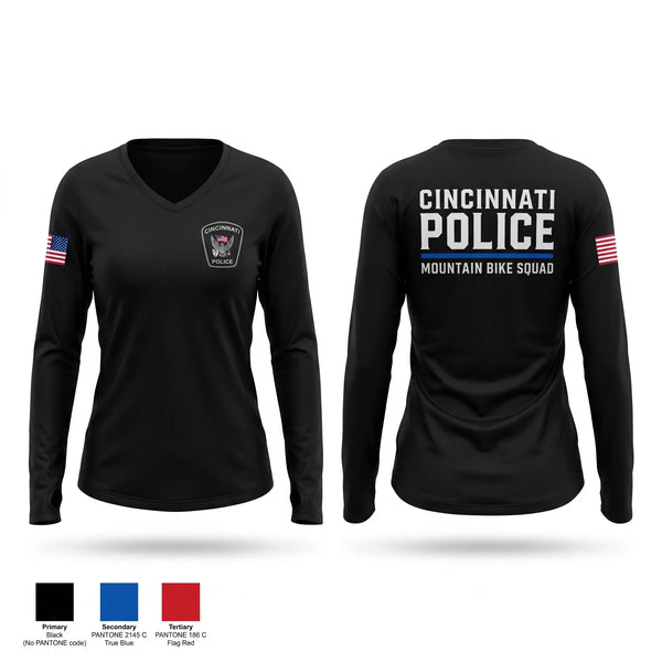 Womens Long Sleeve Vneck Shirt, Cincinnati Police Mountain Bike Squad, Police, Teamtime, Team time, sublimation, custom sports apparel, team uniforms, spirit wear, spiritwear, sports uniforms, custom shirts, team store, custom team store, fundraiser sports, apparel fundraiser