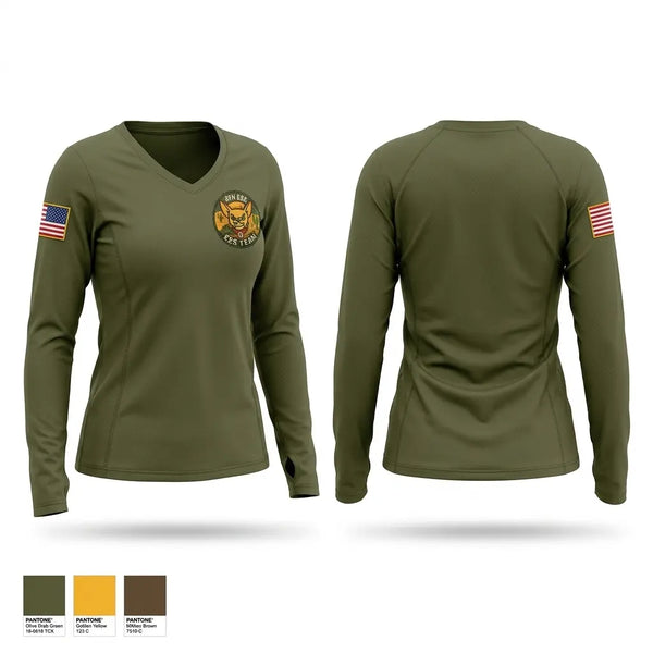 Womens Long Sleeve Vneck Shirt, 4ESC, Army, Teamtime, Team time, sublimation, custom sports apparel, team uniforms, spirit wear, spiritwear, sports uniforms, custom shirts, team store, custom team store, fundraiser sports, apparel fundraiser