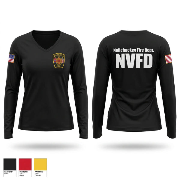 Womens Long Sleeve Vneck Shirt, Nolichuckey Fire Rescue, Fire Department, Teamtime, Team time, sublimation, custom sports apparel, team uniforms, spirit wear, spiritwear, sports uniforms, custom shirts, team store, custom team store, fundraiser sports, apparel fundraiser