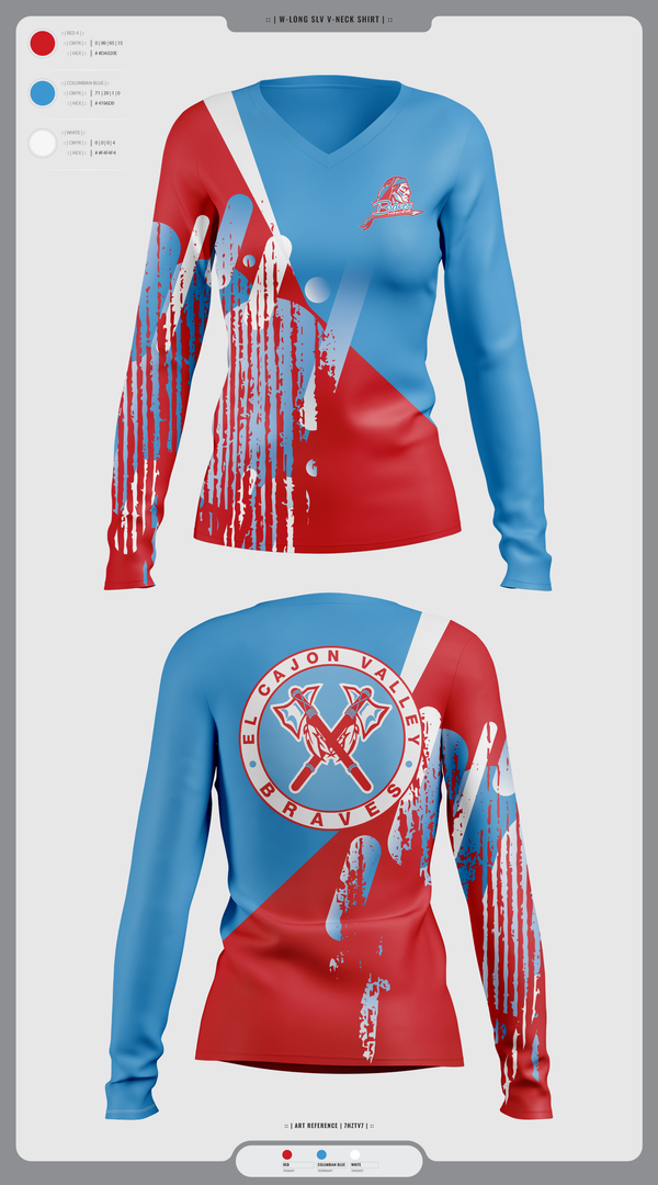 Womens Long Sleeve Vneck Shirt, El Cajon Valley High School Cheer, Cheer, Teamtime, Team time, sublimation, custom sports apparel, team uniforms, spirit wear, spiritwear, sports uniforms, custom shirts, team store, custom team store, fundraiser sports, apparel fundraiser