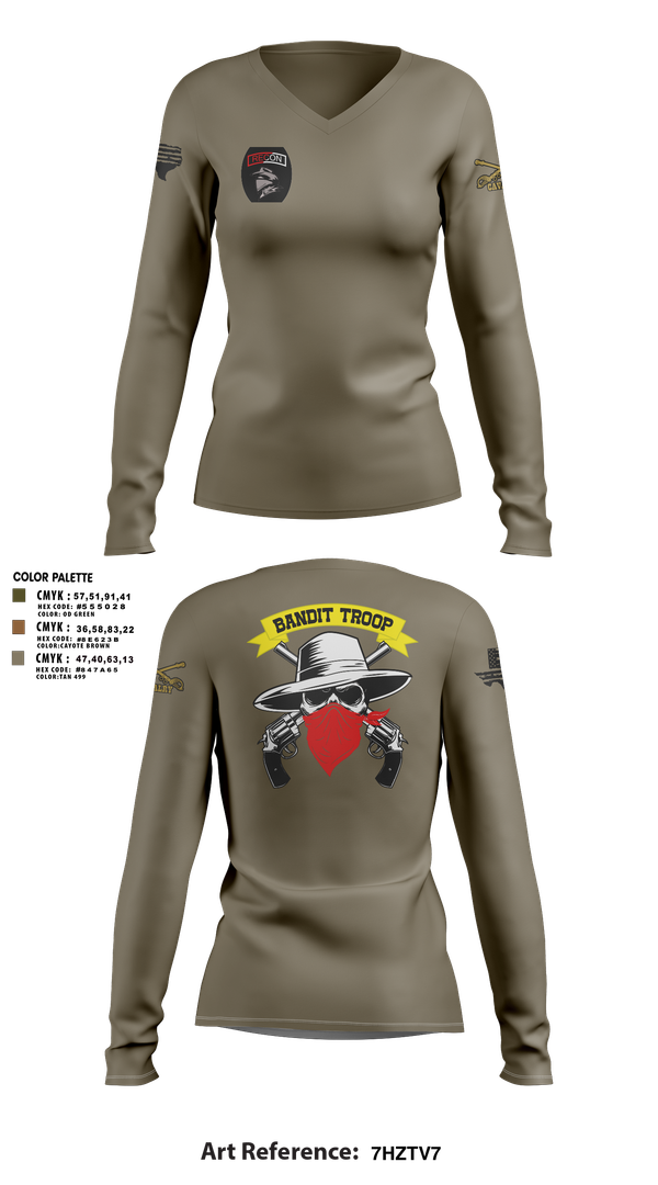 Womens Long Sleeve Vneck Shirt, 6-9 bandit troop, Army, Teamtime, Team time, sublimation, custom sports apparel, team uniforms, spirit wear, spiritwear, sports uniforms, custom shirts, team store, custom team store, fundraiser sports, apparel fundraiser
