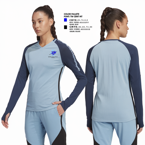 Womens Long Sleeve Vneck Shirt, Epping Blue Devils, Women's Soccer, Teamtime, Team time, sublimation, custom sports apparel, team uniforms, spirit wear, spiritwear, sports uniforms, custom shirts, team store, custom team store, fundraiser sports, apparel fundraiser