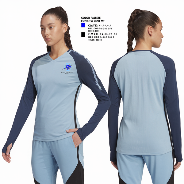 Womens Long Sleeve Vneck Shirt, Epping Blue Devils, Women's Soccer, Teamtime, Team time, sublimation, custom sports apparel, team uniforms, spirit wear, spiritwear, sports uniforms, custom shirts, team store, custom team store, fundraiser sports, apparel fundraiser