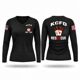 Womens Long Sleeve Vneck Shirt, KCFD Rescue 31, Fire Department, Teamtime, Team time, sublimation, custom sports apparel, team uniforms, spirit wear, spiritwear, sports uniforms, custom shirts, team store, custom team store, fundraiser sports, apparel fundraiser