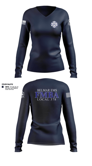 Womens Long Sleeve Vneck Shirt, Belmar FMBA, Fire Department, Teamtime, Team time, sublimation, custom sports apparel, team uniforms, spirit wear, spiritwear, sports uniforms, custom shirts, team store, custom team store, fundraiser sports, apparel fundraiser