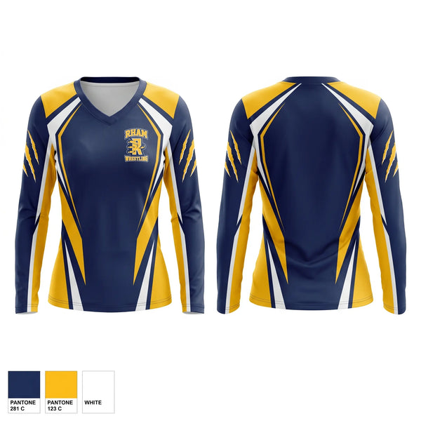 Womens Long Sleeve Vneck Shirt, RHAM RAPTORS, Wrestling, Teamtime, Team time, sublimation, custom sports apparel, team uniforms, spirit wear, spiritwear, sports uniforms, custom shirts, team store, custom team store, fundraiser sports, apparel fundraiser