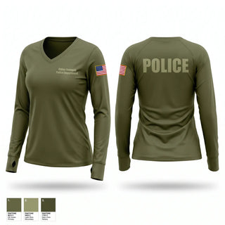 Womens Long Sleeve Vneck Shirt, Ohkay Owingeh Police Department, Police, Teamtime, Team time, sublimation, custom sports apparel, team uniforms, spirit wear, spiritwear, sports uniforms, custom shirts, team store, custom team store, fundraiser sports, apparel fundraiser