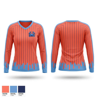 Womens Long Sleeve Vneck Shirt, Back bay blue crabs, Baseball, Teamtime, Team time, sublimation, custom sports apparel, team uniforms, spirit wear, spiritwear, sports uniforms, custom shirts, team store, custom team store, fundraiser sports, apparel fundraiser