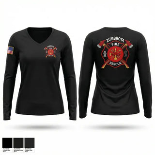 Womens Long Sleeve Vneck Shirt, Zumbrota Fire Department, Fire Department, Teamtime, Team time, sublimation, custom sports apparel, team uniforms, spirit wear, spiritwear, sports uniforms, custom shirts, team store, custom team store, fundraiser sports, apparel fundraiser