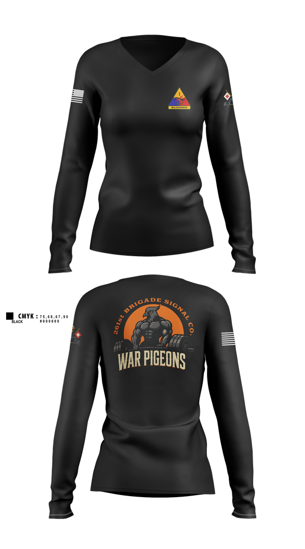 Womens Long Sleeve Vneck Shirt, 261st War Pigeons, Army, Teamtime, Team time, sublimation, custom sports apparel, team uniforms, spirit wear, spiritwear, sports uniforms, custom shirts, team store, custom team store, fundraiser sports, apparel fundraiser