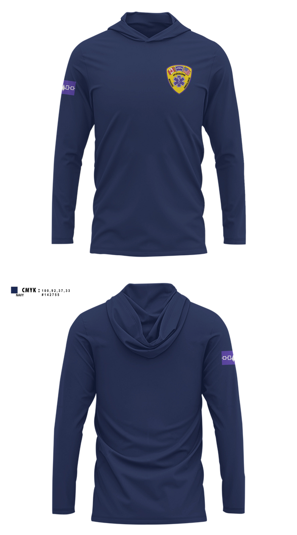 Long Sleeve hooded sunshirt, Akwesasne Mohawk Ambulance, EMS/EMT, Teamtime, Team time, sublimation, custom sports apparel, team uniforms, spirit wear, spiritwear, sports uniforms, custom shirts, team store, custom team store, fundraiser sports, apparel fundraiser
