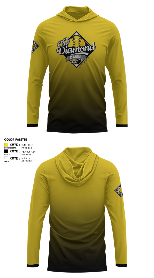 Long Sleeve Performance Shirt with hood, Diamond Daisies, Softball, Teamtime, Team time, sublimation, custom sports apparel, team uniforms, spirit wear, spiritwear, sports uniforms, custom shirts, team store, custom team store, fundraiser sports, apparel fundraiser