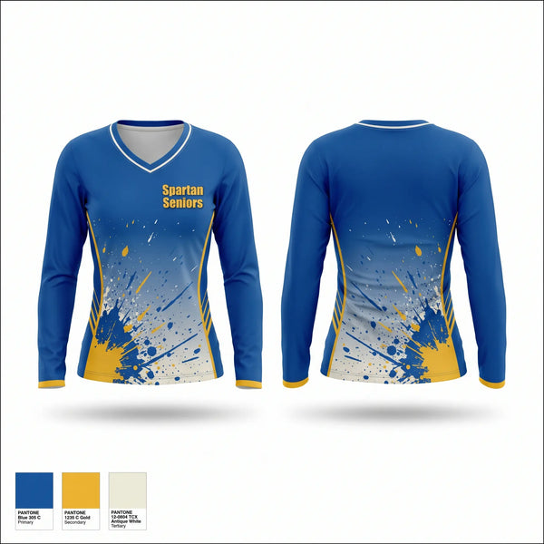 Womens Long Sleeve Vneck Shirt, Spartan Seniors, Cross Country, Teamtime, Team time, sublimation, custom sports apparel, team uniforms, spirit wear, spiritwear, sports uniforms, custom shirts, team store, custom team store, fundraiser sports, apparel fundraiser