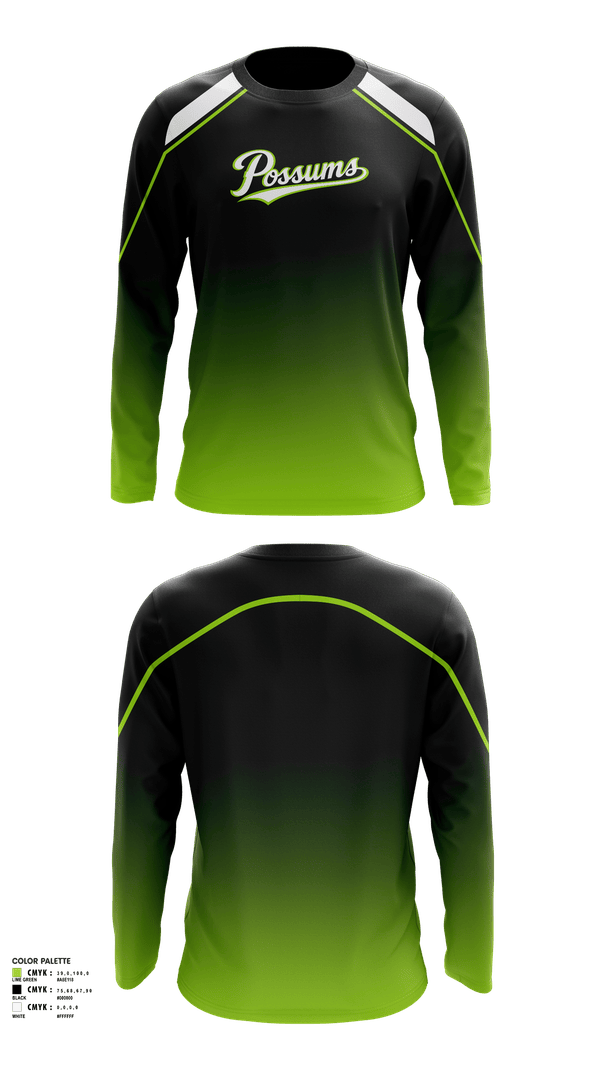Long Sleeve Performance Shirt, Possums, Baseball, Teamtime, Team time, sublimation, custom sports apparel, team uniforms, spirit wear, spiritwear, sports uniforms, custom shirts, team store, custom team store, fundraiser sports, apparel fundraiser