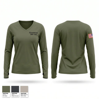 Womens Long Sleeve Vneck Shirt, Greenwood TWP Fire, Fire Department, Teamtime, Team time, sublimation, custom sports apparel, team uniforms, spirit wear, spiritwear, sports uniforms, custom shirts, team store, custom team store, fundraiser sports, apparel fundraiser