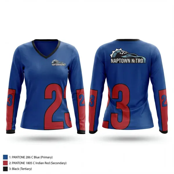 Womens Long Sleeve Vneck Shirt, Naptown Nitro, Men's Volleyball, Teamtime, Team time, sublimation, custom sports apparel, team uniforms, spirit wear, spiritwear, sports uniforms, custom shirts, team store, custom team store, fundraiser sports, apparel fundraiser