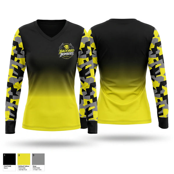 Womens Long Sleeve Vneck Shirt, Backyard Bombers, Softball, Teamtime, Team time, sublimation, custom sports apparel, team uniforms, spirit wear, spiritwear, sports uniforms, custom shirts, team store, custom team store, fundraiser sports, apparel fundraiser