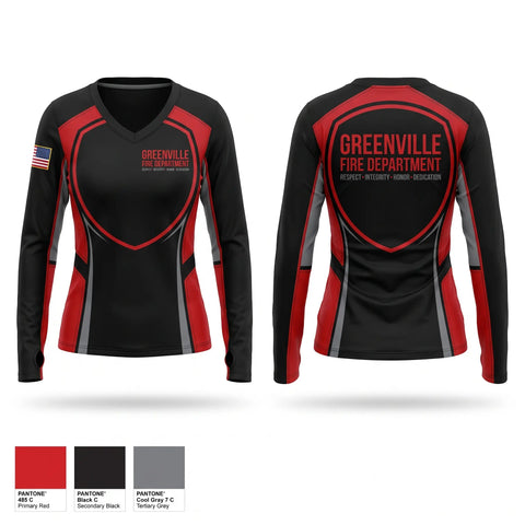 Womens Long Sleeve Vneck Shirt, Greenville Fire Department, Fire Department, Teamtime, Team time, sublimation, custom sports apparel, team uniforms, spirit wear, spiritwear, sports uniforms, custom shirts, team store, custom team store, fundraiser sports, apparel fundraiser