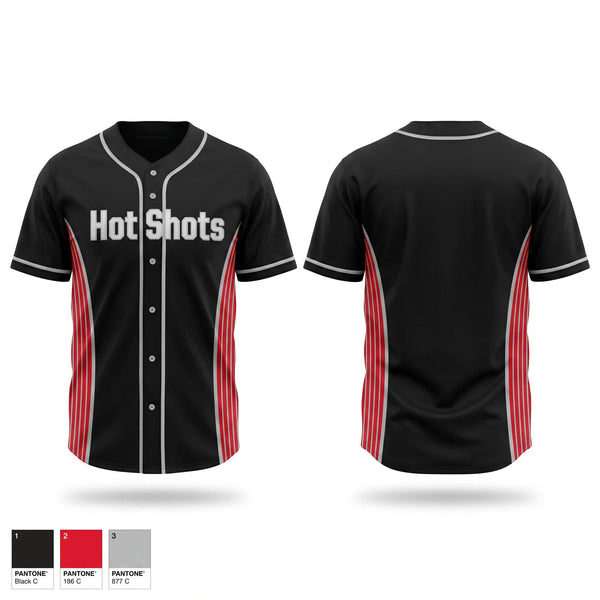 Full Button Baseball Jersey, Hot Shots, Baseball, Teamtime, Team time, sublimation, custom sports apparel, team uniforms, spirit wear, spiritwear, sports uniforms, custom shirts, team store, custom team store, fundraiser sports, apparel fundraiser