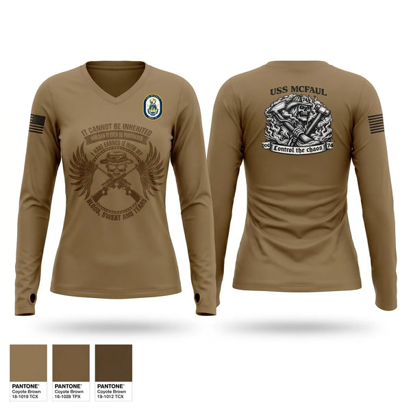 Womens Long Sleeve Vneck Shirt, USS MCFAUL DDG 74, Navy, Teamtime, Team time, sublimation, custom sports apparel, team uniforms, spirit wear, spiritwear, sports uniforms, custom shirts, team store, custom team store, fundraiser sports, apparel fundraiser