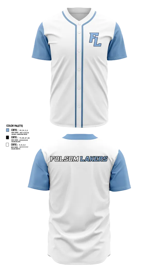 Full Button Baseball Jersey, Folsom Lakers, Baseball, Teamtime, Team time, sublimation, custom sports apparel, team uniforms, spirit wear, spiritwear, sports uniforms, custom shirts, team store, custom team store, fundraiser sports, apparel fundraiser
