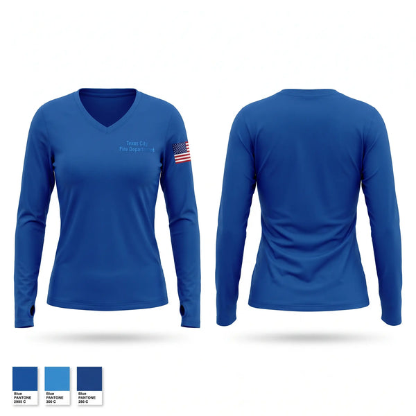 Womens Long Sleeve Vneck Shirt, Texas City Fire Department, Fire Department, Teamtime, Team time, sublimation, custom sports apparel, team uniforms, spirit wear, spiritwear, sports uniforms, custom shirts, team store, custom team store, fundraiser sports, apparel fundraiser