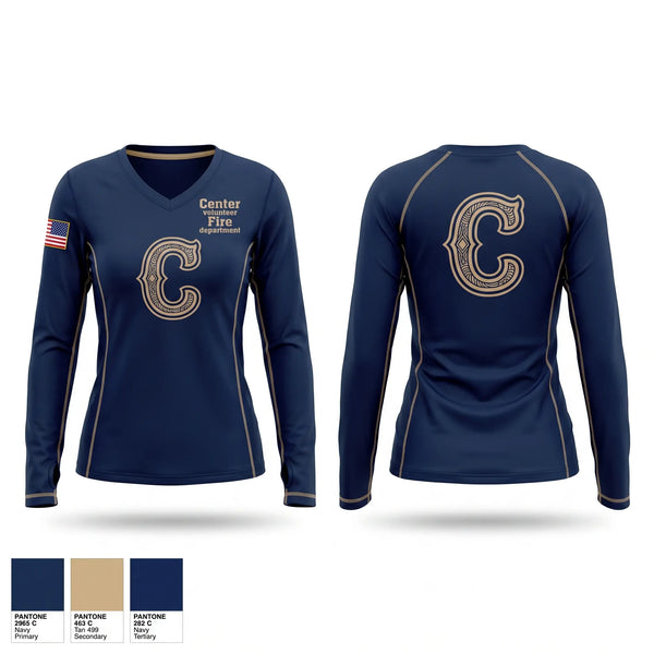 Womens Long Sleeve Vneck Shirt, Center volunteer Fire department, Fire Department, Teamtime, Team time, sublimation, custom sports apparel, team uniforms, spirit wear, spiritwear, sports uniforms, custom shirts, team store, custom team store, fundraiser sports, apparel fundraiser