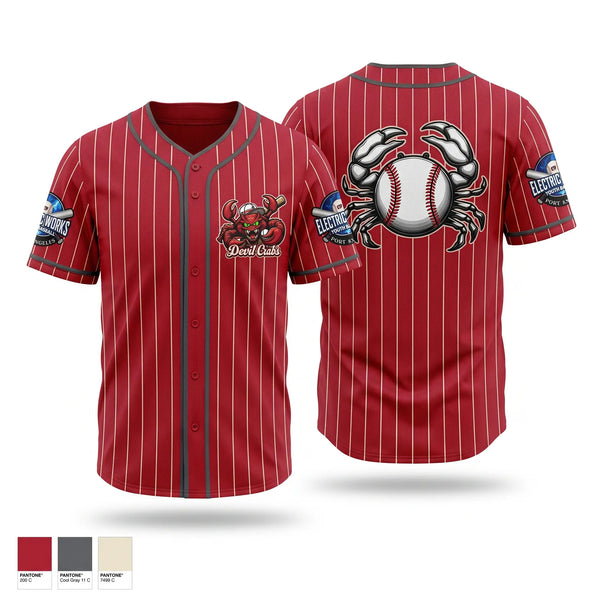 Full Button Baseball Jersey, Devil Crabs, Baseball, Teamtime, Team time, sublimation, custom sports apparel, team uniforms, spirit wear, spiritwear, sports uniforms, custom shirts, team store, custom team store, fundraiser sports, apparel fundraiser