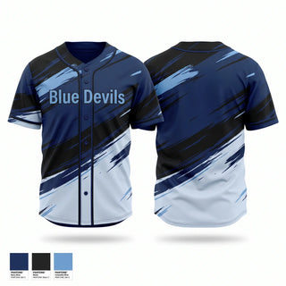 Full Button Baseball Jersey, Blue Devils, Baseball, Teamtime, Team time, sublimation, custom sports apparel, team uniforms, spirit wear, spiritwear, sports uniforms, custom shirts, team store, custom team store, fundraiser sports, apparel fundraiser