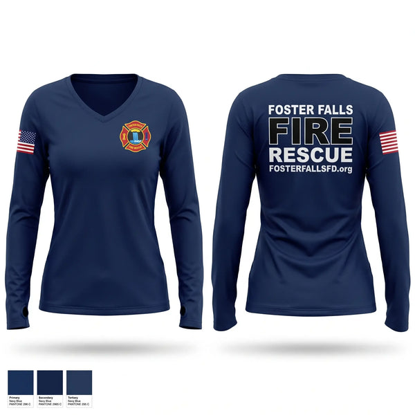 Womens Long Sleeve Vneck Shirt, Foster Falls Fire Department, Fire Department, Teamtime, Team time, sublimation, custom sports apparel, team uniforms, spirit wear, spiritwear, sports uniforms, custom shirts, team store, custom team store, fundraiser sports, apparel fundraiser