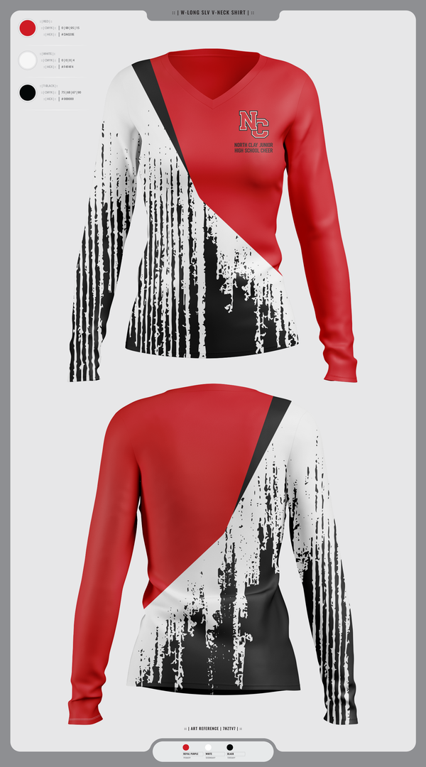 Womens Long Sleeve Vneck Shirt, North Clay Junior High School Cheer, Cheer, Teamtime, Team time, sublimation, custom sports apparel, team uniforms, spirit wear, spiritwear, sports uniforms, custom shirts, team store, custom team store, fundraiser sports, apparel fundraiser