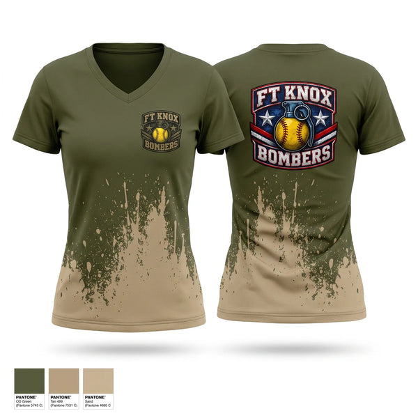 Womens Short Sleeve Vneck Shirt, Fort Knox Bombers, Softball, Teamtime, Team time, sublimation, custom sports apparel, team uniforms, spirit wear, spiritwear, sports uniforms, custom shirts, team store, custom team store, fundraiser sports, apparel fundraiser