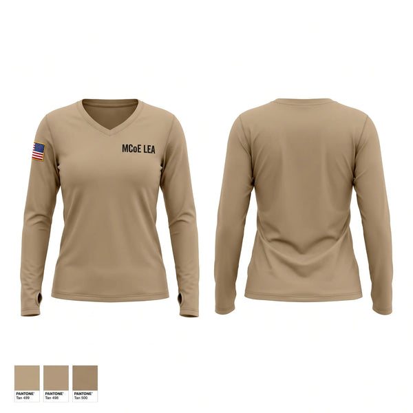 Womens Long Sleeve Vneck Shirt, MCoE LEA, Army, Teamtime, Team time, sublimation, custom sports apparel, team uniforms, spirit wear, spiritwear, sports uniforms, custom shirts, team store, custom team store, fundraiser sports, apparel fundraiser