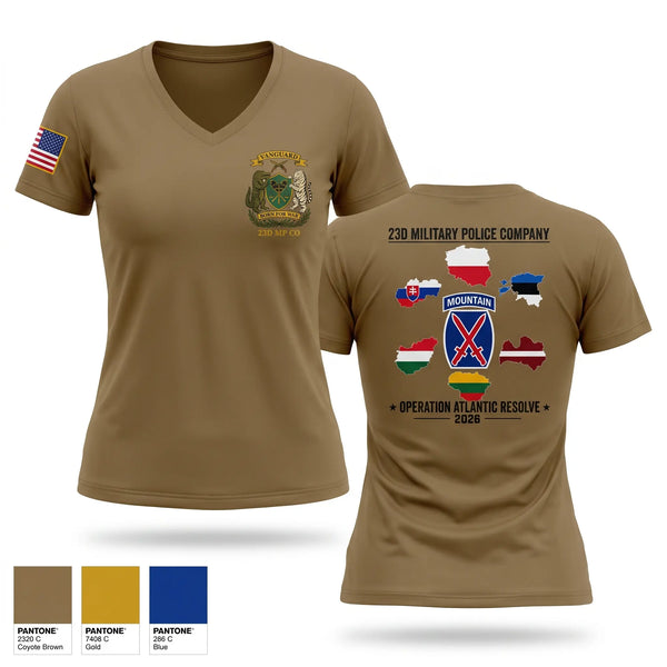 Womens Short Sleeve Vneck Shirt, 23D Military Police Company Deployment 2026, Army, Teamtime, Team time, sublimation, custom sports apparel, team uniforms, spirit wear, spiritwear, sports uniforms, custom shirts, team store, custom team store, fundraiser sports, apparel fundraiser