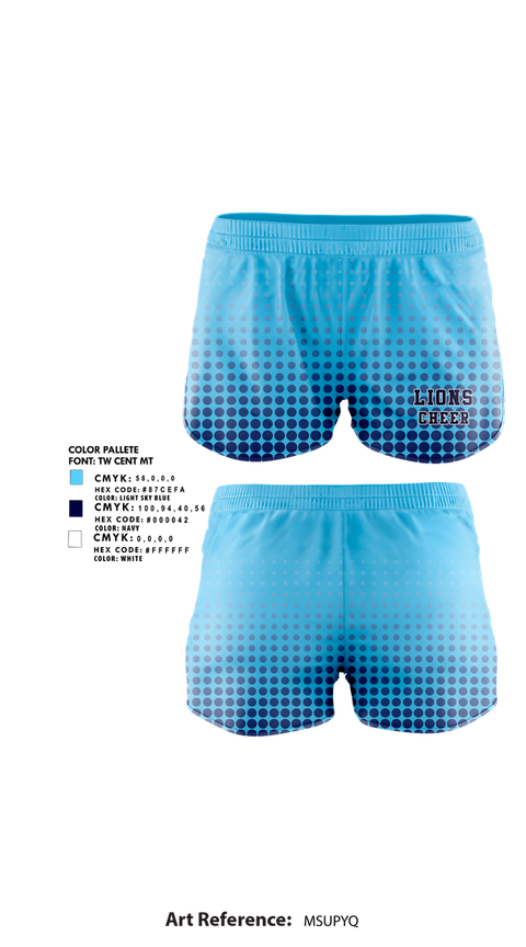 Womens Shorts, Lions, Cheer, Teamtime, Team time, sublimation, custom sports apparel, team uniforms, spirit wear, spiritwear, sports uniforms, custom shirts, team store, custom team store, fundraiser sports, apparel fundraiser