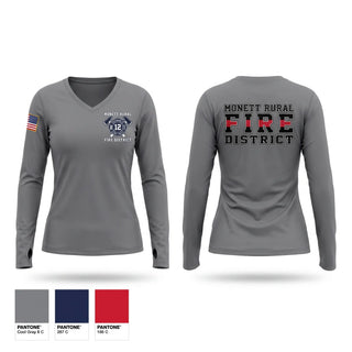 Womens Long Sleeve Vneck Shirt, Monett Rural Fire District, Fire Department, Teamtime, Team time, sublimation, custom sports apparel, team uniforms, spirit wear, spiritwear, sports uniforms, custom shirts, team store, custom team store, fundraiser sports, apparel fundraiser