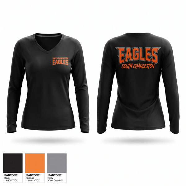 Womens Long Sleeve Vneck Shirt, South Charleston Eagles, Cheer, Teamtime, Team time, sublimation, custom sports apparel, team uniforms, spirit wear, spiritwear, sports uniforms, custom shirts, team store, custom team store, fundraiser sports, apparel fundraiser