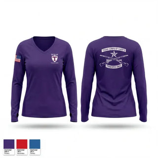 Womens Long Sleeve Vneck Shirt, Texan Corps of Cadets, Army, Teamtime, Team time, sublimation, custom sports apparel, team uniforms, spirit wear, spiritwear, sports uniforms, custom shirts, team store, custom team store, fundraiser sports, apparel fundraiser