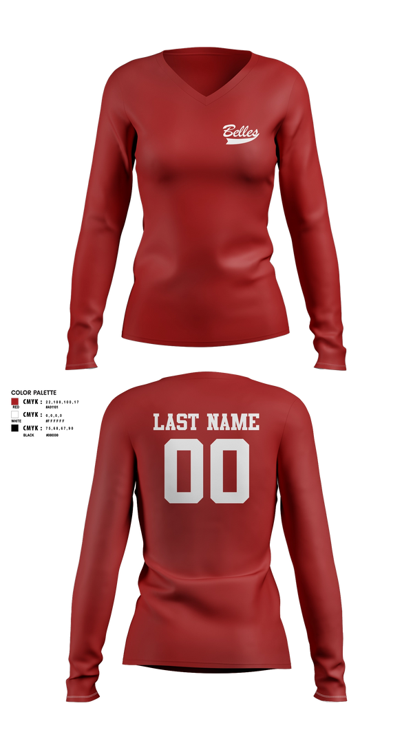 Womens Long Sleeve Vneck Shirt, Bluegrass Lightning Belles, Softball, Teamtime, Team time, sublimation, custom sports apparel, team uniforms, spirit wear, spiritwear, sports uniforms, custom shirts, team store, custom team store, fundraiser sports, apparel fundraiser