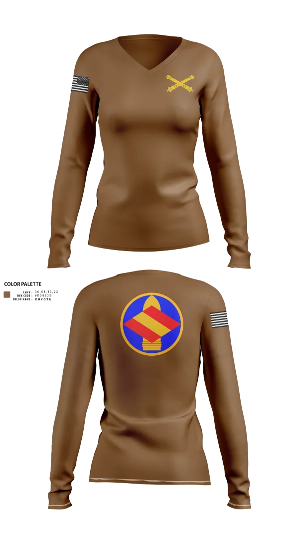 Womens Long Sleeve Vneck Shirt, HQ 142 FA BDE, National Guard, Teamtime, Team time, sublimation, custom sports apparel, team uniforms, spirit wear, spiritwear, sports uniforms, custom shirts, team store, custom team store, fundraiser sports, apparel fundraiser